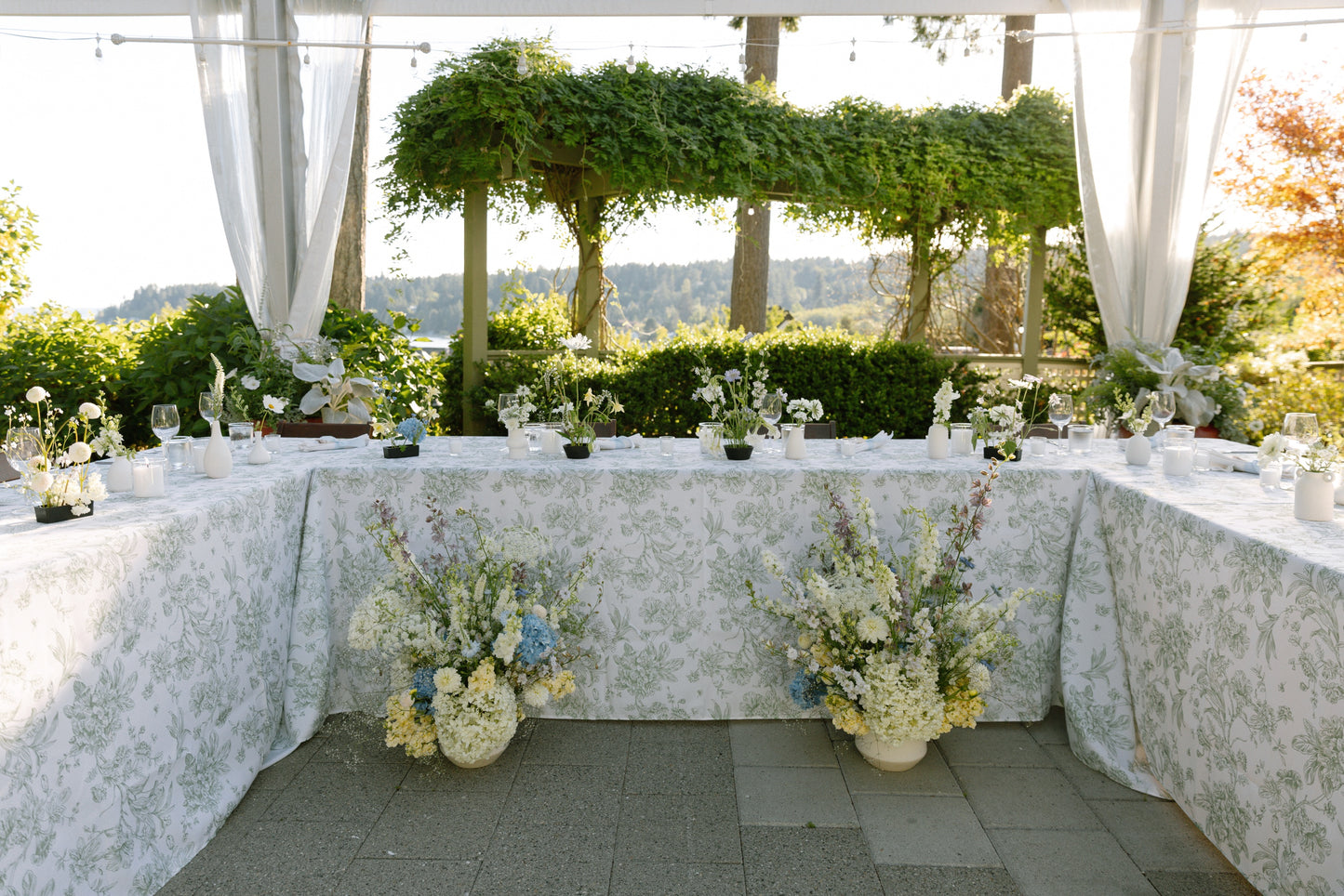 Wedding flower head of aisle centerpieces at The Manor House on Bainbridge Island.